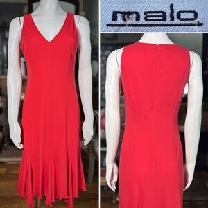 Malo Rouge Red Cotton Sleeveless V-neck A-line Dress w/ Pleated Flowy Skirt Sz 8